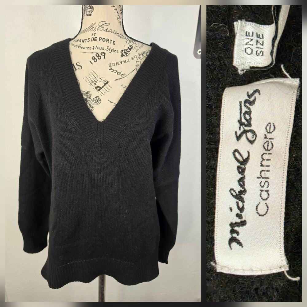 Michael Stars Sweater OS Black 100% Cashmere V-Neck Pullover Long Sleeve